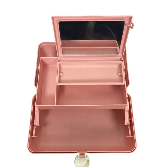 Vintage Caboodles 2 Tier Pink Jewelry Makeup Case Mirror Handle 5626 Made in USA - Picture 8 of 14